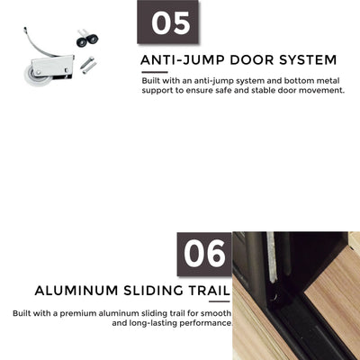 Advertisement for anti-jump door system and aluminum sliding trail with text and images on a white background.