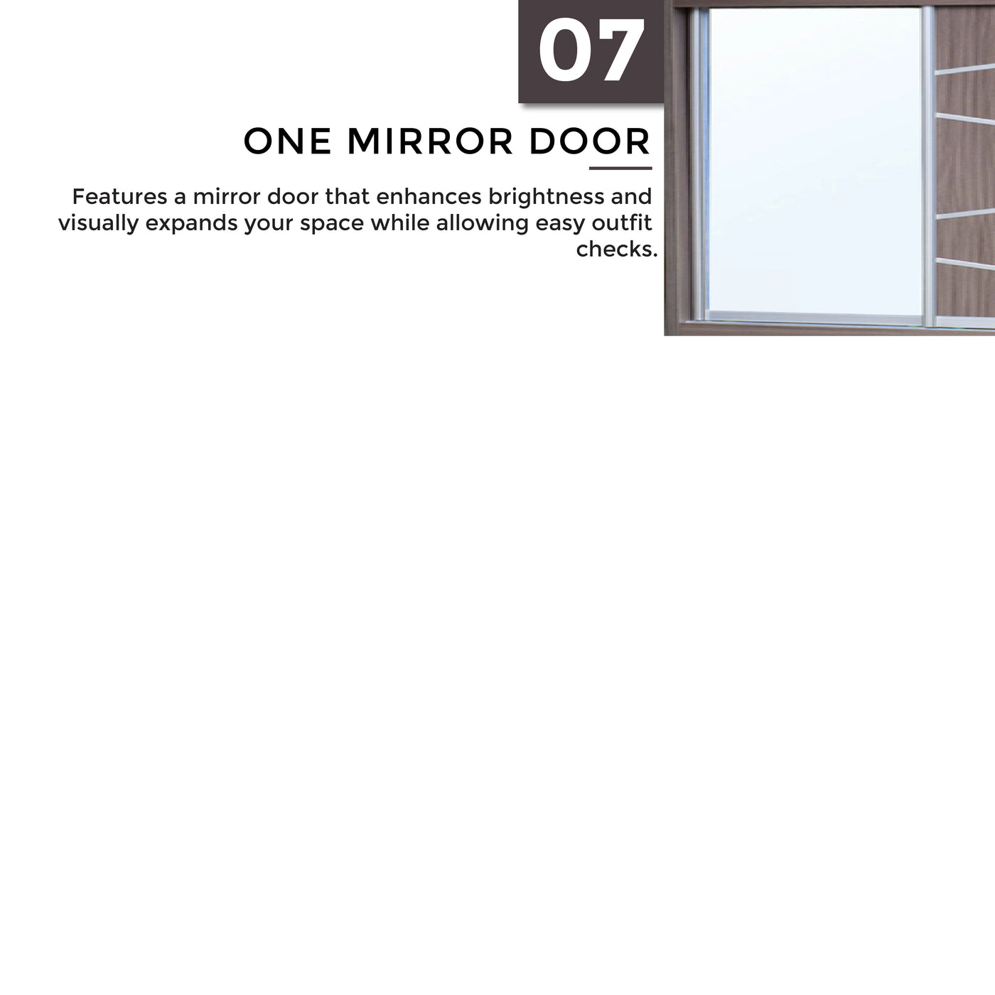 Mirror door with text explaining its benefits on a white background