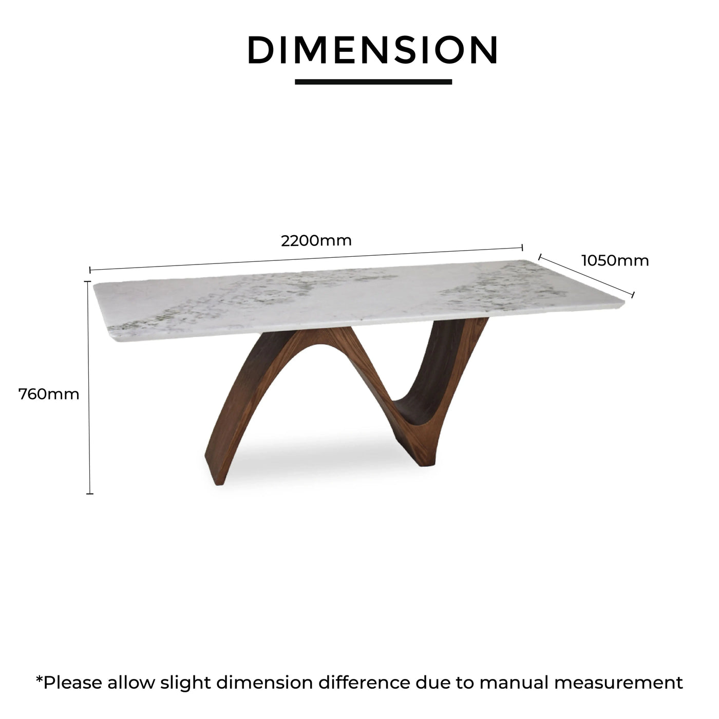 ZORIN Marble Dining Table dimensions
2200mm length 1050mm depth 760mm height, shown with natural marble top and curved veneer legs - Td Furniture