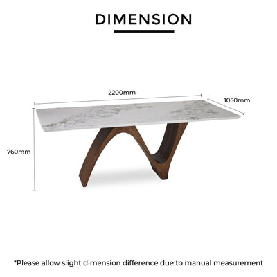 ZORIN Marble Dining Table dimensions
2200mm length 1050mm depth 760mm height, shown with natural marble top and curved veneer legs - Td Furniture