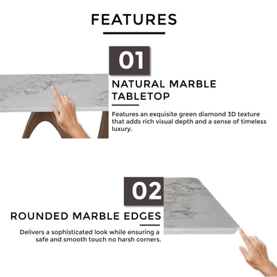 ZORIN Marble Dining Table features
Natural marble tabletop, rounded marble edges, solid veneer wood legs, and striking marble-wood contrast - TD Furniture