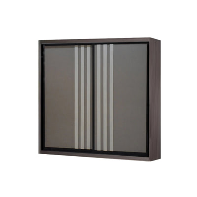 Wall-mounted cabinet with a glass door featuring horizontal stripes on a white background
