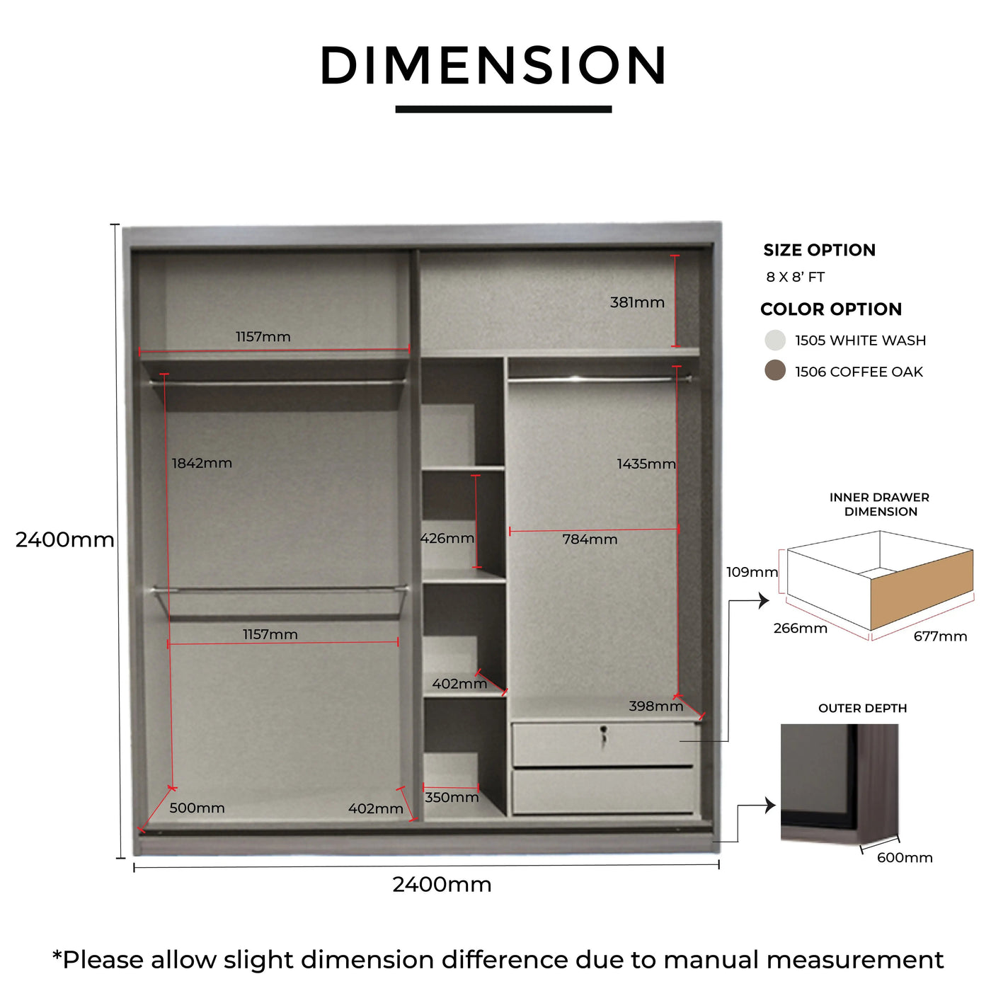 Wardrobe dimensions and color options with measurements on a white background