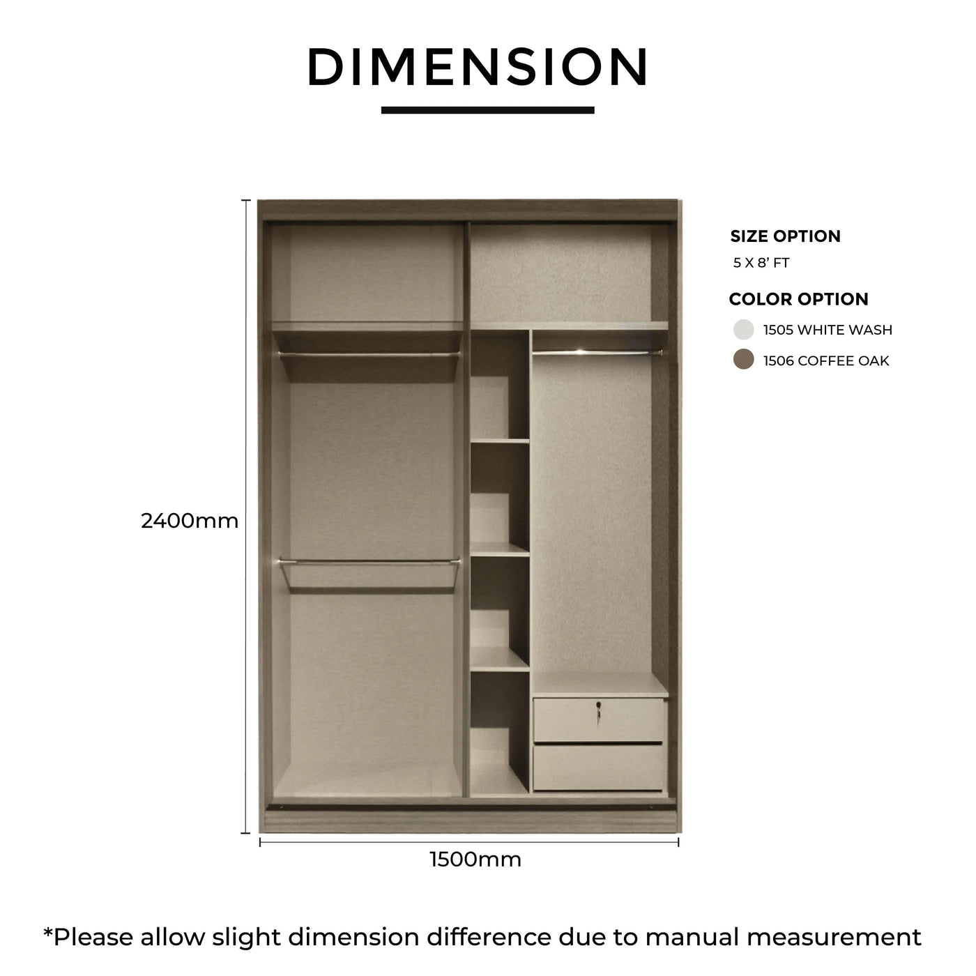 Wardrobe dimensions with color and size options on a white background