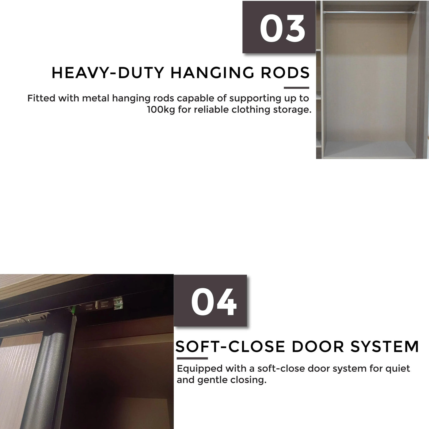 Closet with heavy-duty hanging rods and soft-close door system, featuring text descriptions.